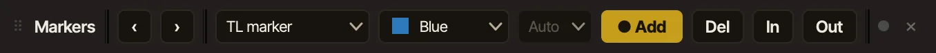 The Marker Nav Bar: previous and next, the kind and color of marker, Add, Del, and In and Out for a VFX pull.