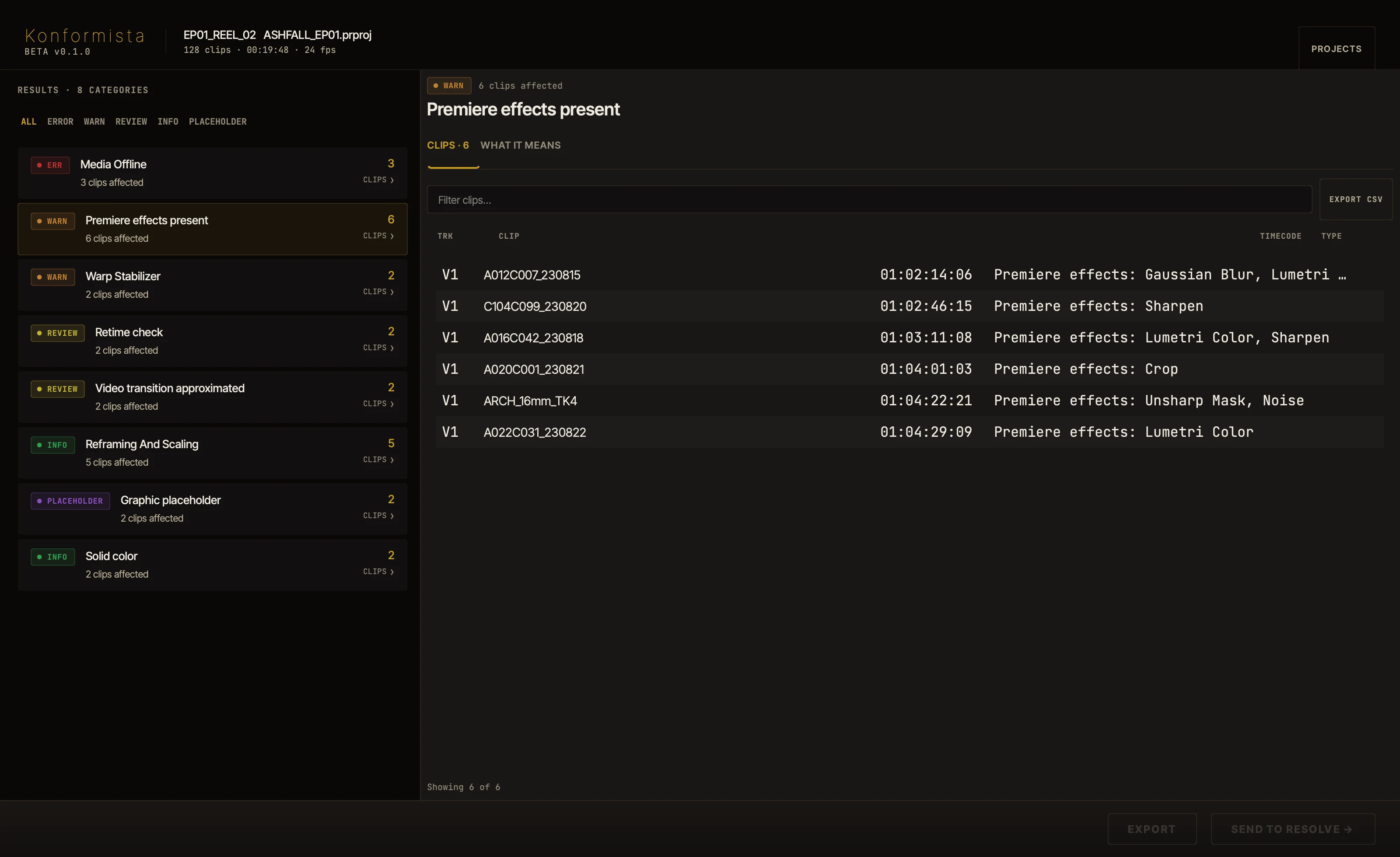 Konformista analysis results grouping flagged clips by category and severity.