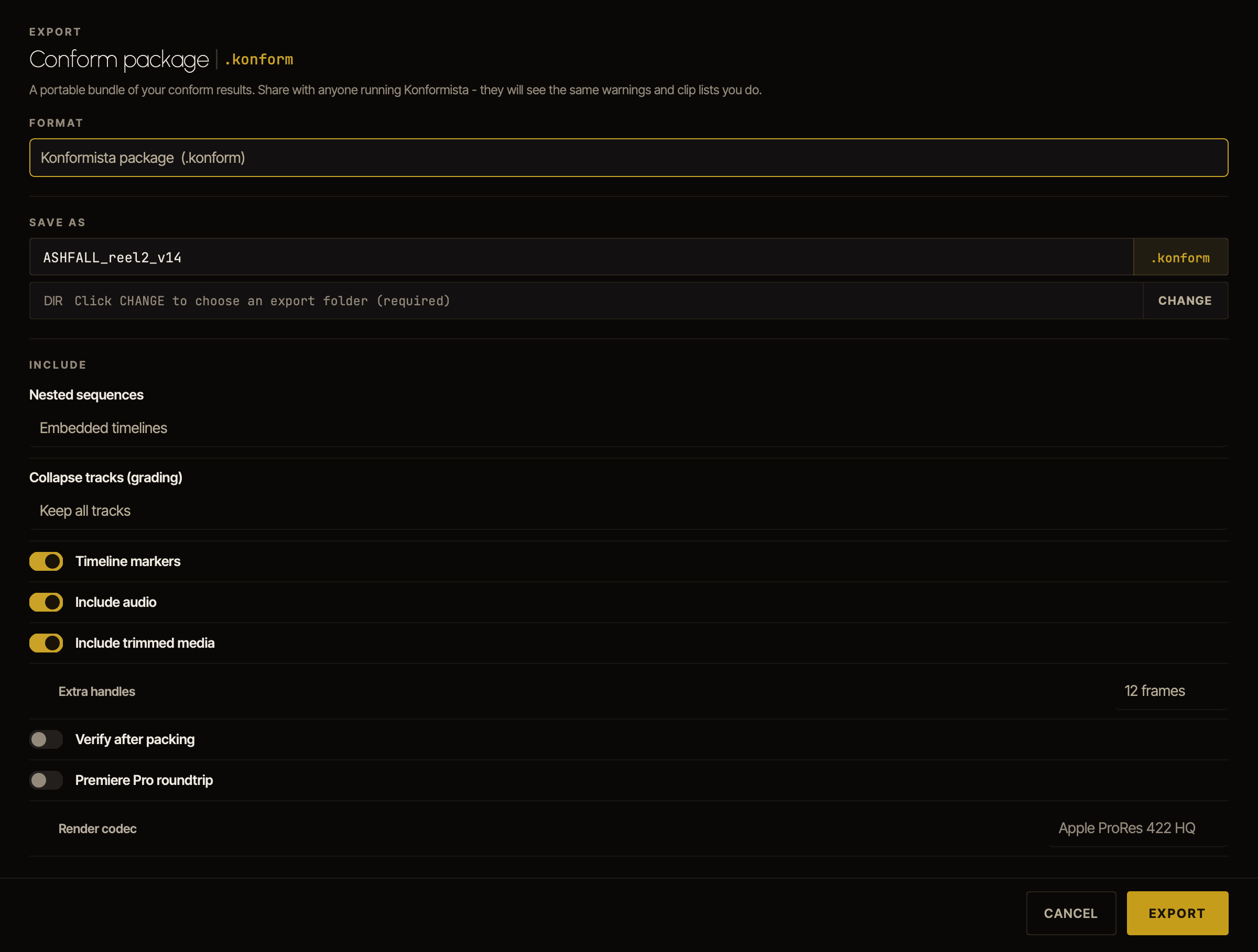 Konformista handoff dialog with the pack-trimmed-media option and handle settings.