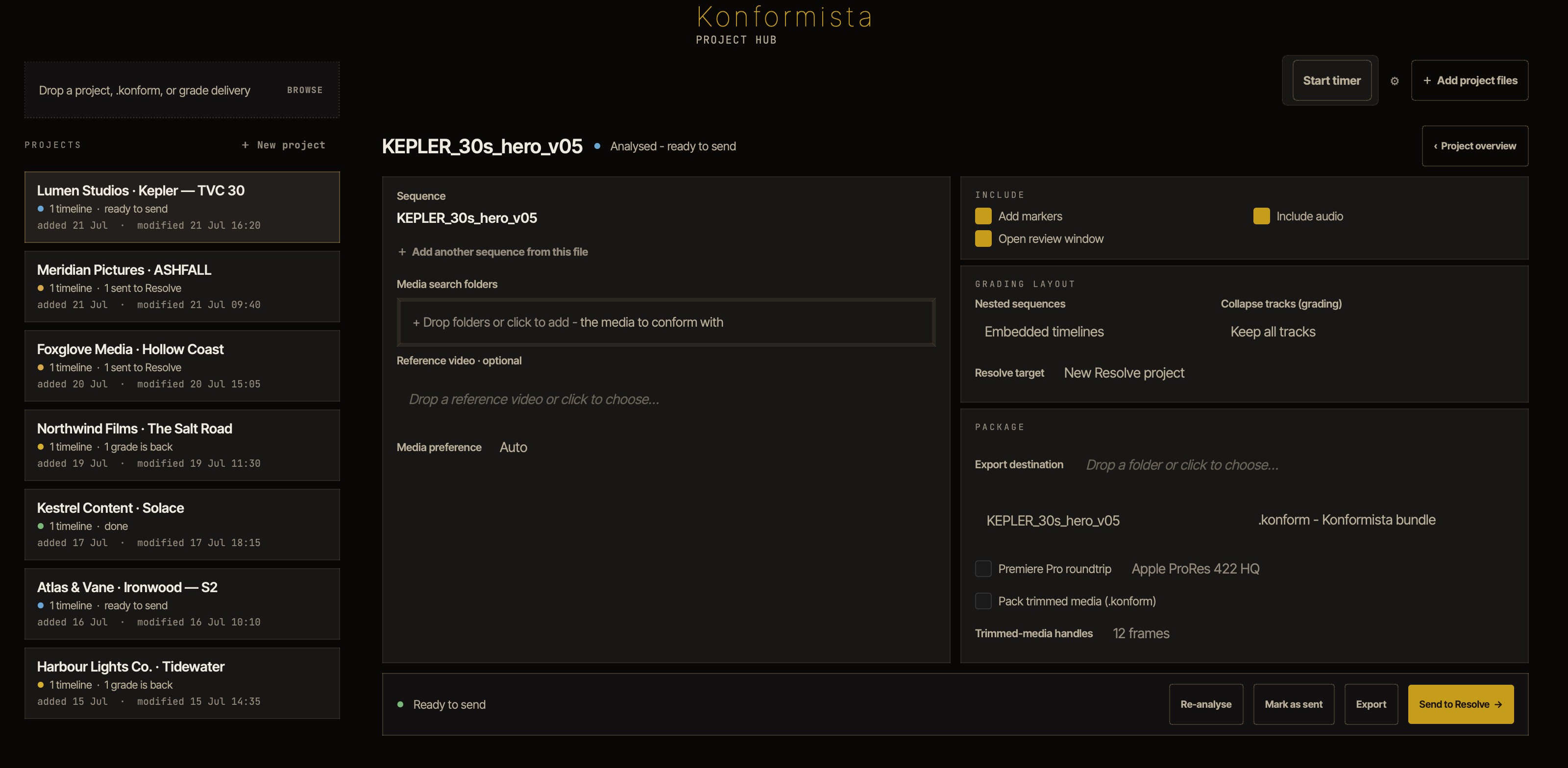 Konformista Project Hub showing tracked conform jobs across several projects.