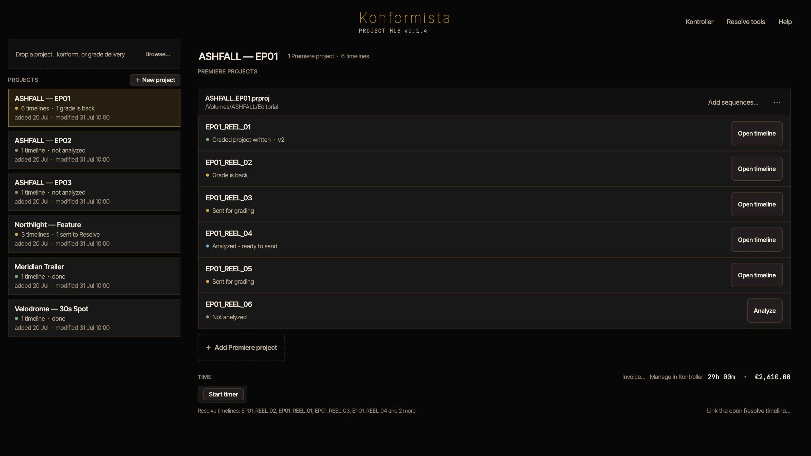 The Project Hub with its drop bar and project list