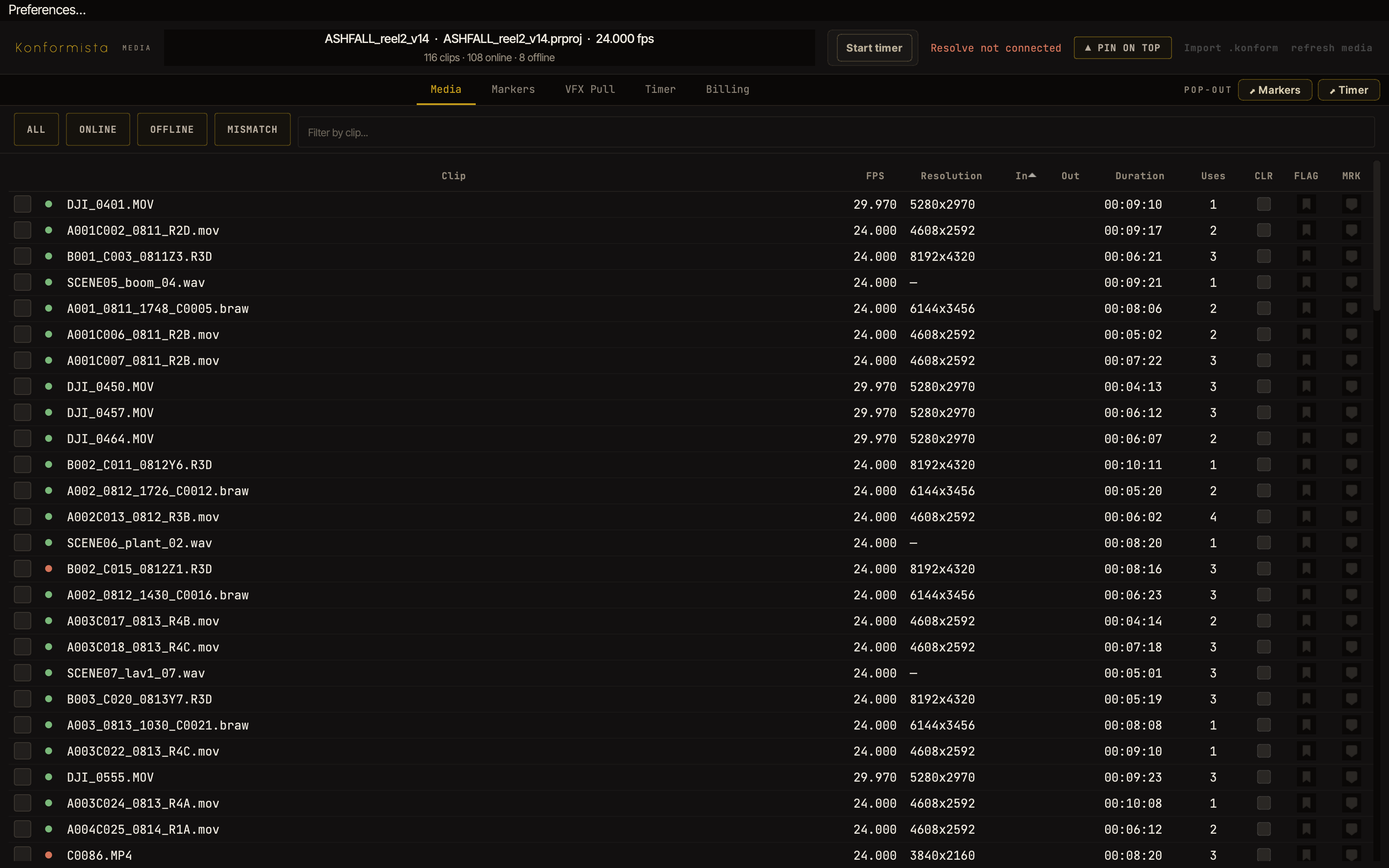 Kontroller window listing project clips filtered by online, offline and mismatch state.