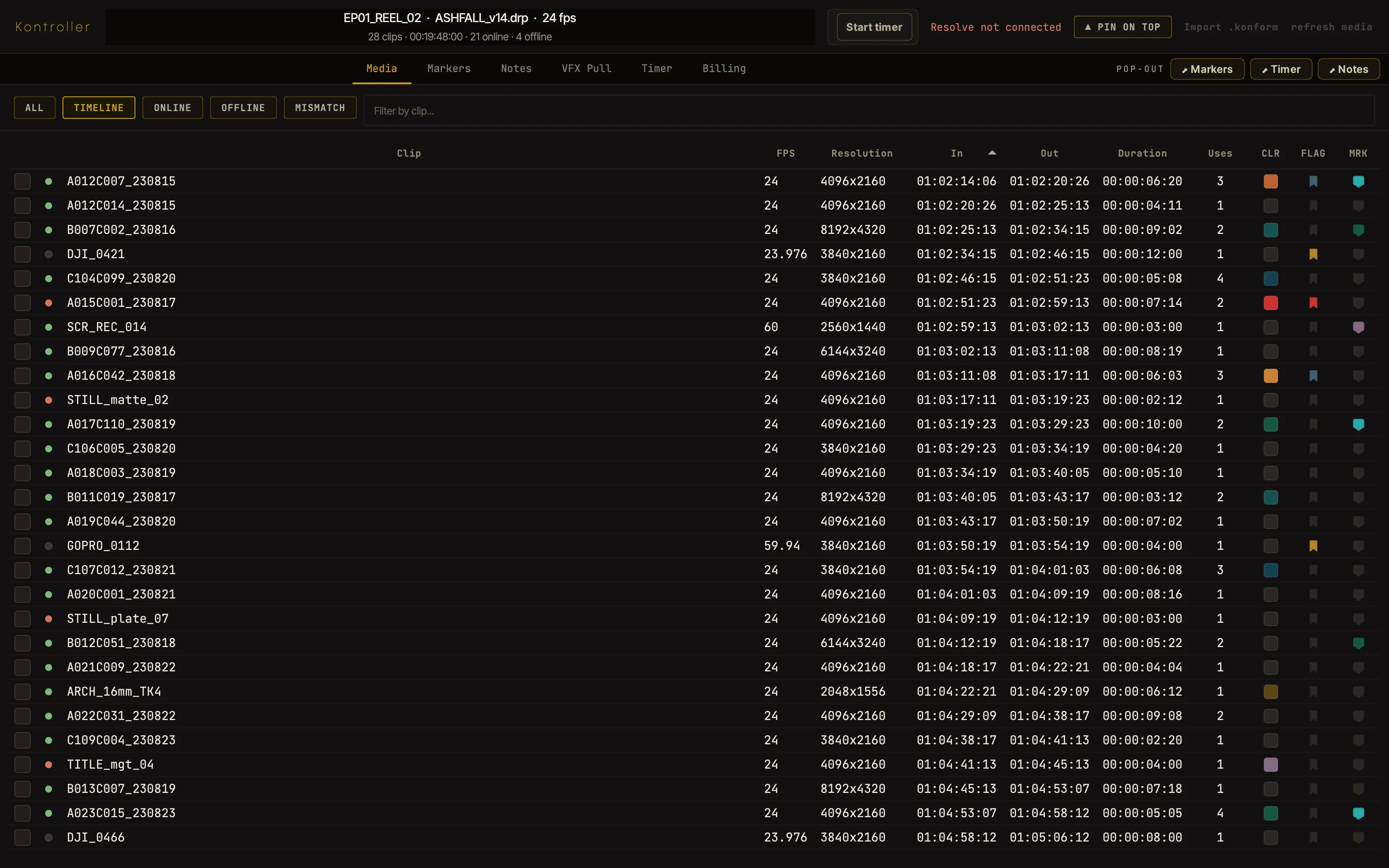 Kontroller window listing project clips filtered by online, offline and mismatch state.